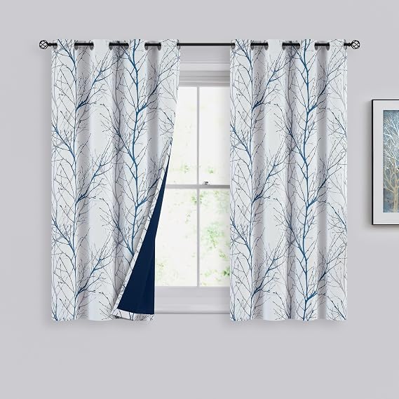 FMFUNCTEX 100% Blackout Blue Grey Tree Branch Curtains 54 Inch 2 Panels