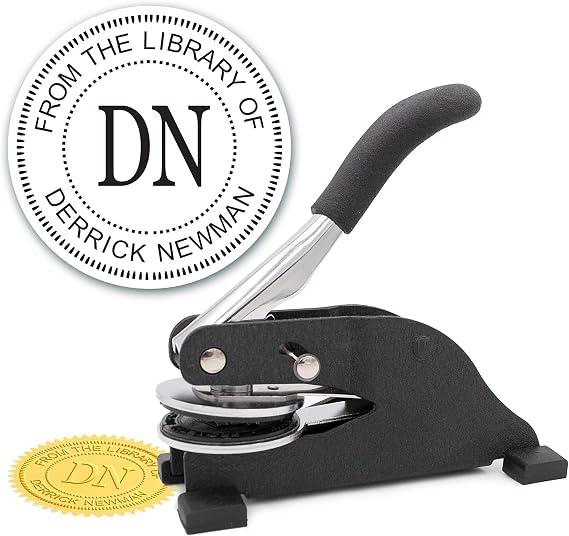 Custom Library Desk Embosser - Personalized Round Seal with 50 Gold Seal Labels - Style EMD-LIB013