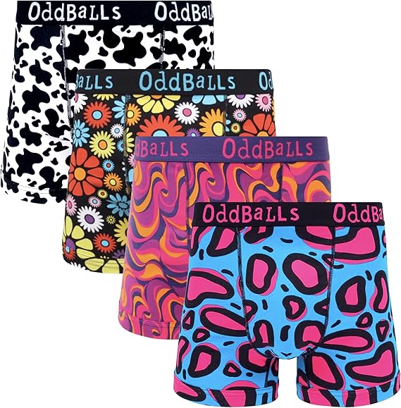 OddBalls Mens Boxers, 4 Pack - Patterned, Cotton Boxer Shorts Briefs