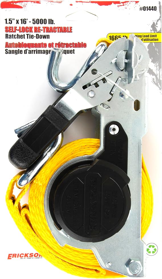 Erickson Retractable Ratchet Tie-Down Strap - Yellow, 1.5 in x 16 ft