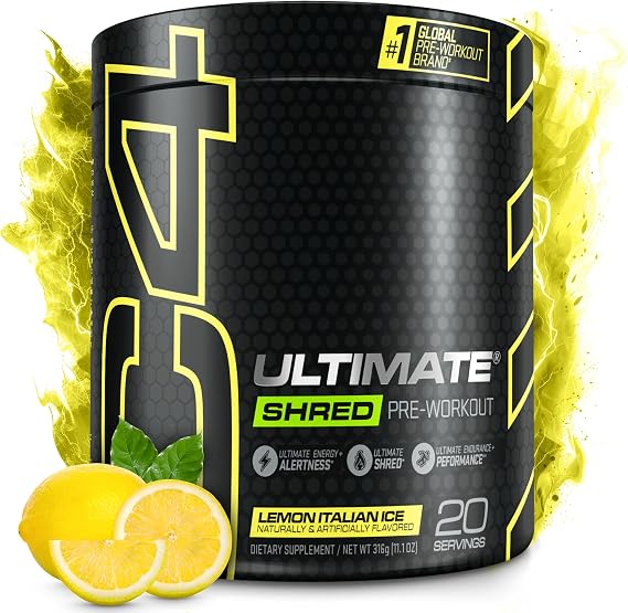 Cellucor C4 Ultimate Shred Pre Workout Powder, Fat Burner for Men & Women, weight Loss Supplement With Ginger Root Extract, Lemon Italian Ice, 20 Servings