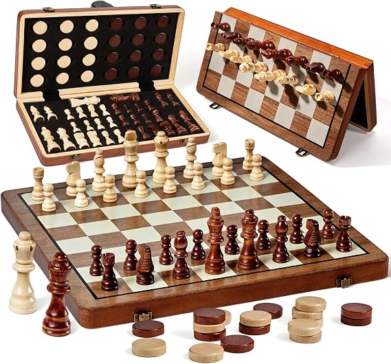 MerryPony 2 in 1 Magnetic Wooden Chess & Checkers Set, 15" Foldable Board | Magnetic Chess Pieces, Checkers Non-Magnetic, Portable Set, Storage Slots, 2 Extra Queens, Beginner Chess for Kids & Adults