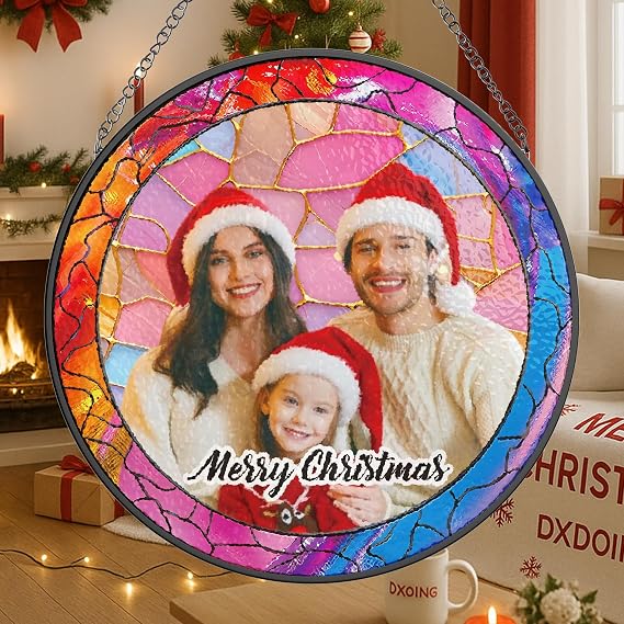 Personalised Christmas Suncatcher Custom Photo Stained Glass Style Window Hanging Ornament, Xmas Decoration Keepsake Gift for Mum, Dad & Kids