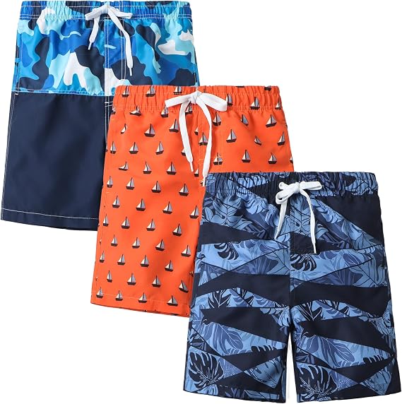 3 Pack Boy's Swim Trunks Kid Board Shorts with Mesh Lining Youth Swimwear