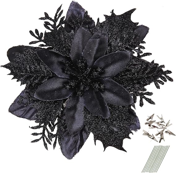 GREENTIME 12 Pcs Black Glitter Poinsettia 5.5" Artificial Flowers Christmas | with Clips Stems Xmas Tree Ornaments for New Year Party Stairs Fireplace Porch Balcony Garden Church Wreath Decoration