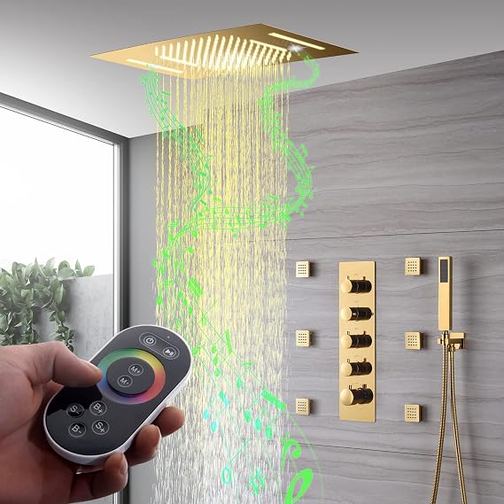 Cascada Luxury 15 x 23 LED Music shower system with built-in Bluetooth Speakers, 4 function (Rainfall, Waterfall, Body jet & Handshower) & 64 Color Lights (Oil Rubbed Bronze)
