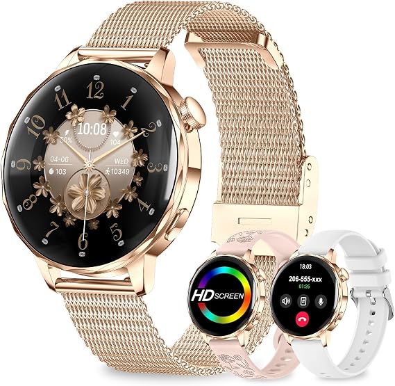 Women's Smartwatch with Phone Function 1.27 Inch HD 3D Curved Screen Smartwatch Women 3 Bracelets HR/Steps/Calories/Blood Pressure/Sleep 120 Sports Modes IP68 Fitness Watch Android & iOS Rose Gold