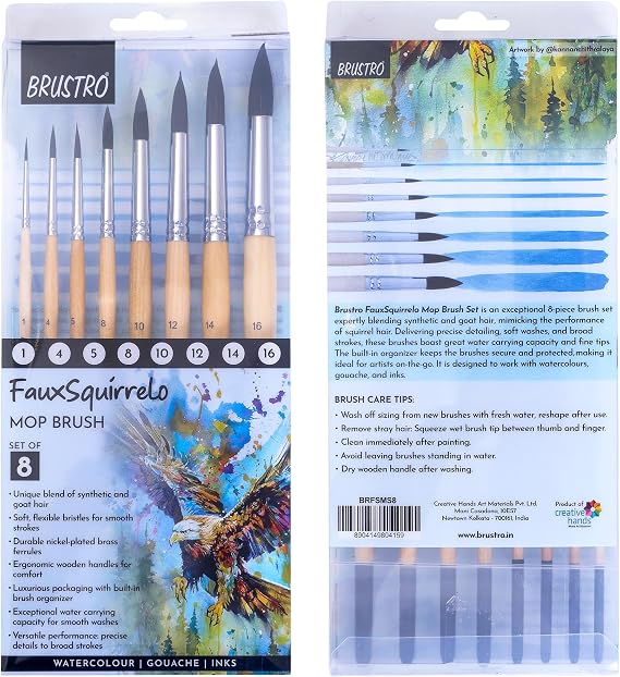 BRUSTRO Faux Squirrelo Mop Brush | Round, Set of 8 (Size- 1,4,5,8,10,12,14,16) | Synthetic and Natural Bristles, Short and Wooden Handle, Ideal for Watercolor, Gouache, Inks, Professional Artists