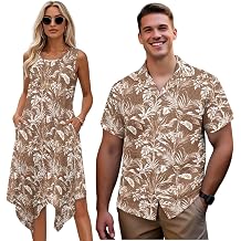 HUGS IDEA His and Hers Matching Shirts Sets Men's Plus Size Aloha Shirt Women's Maxi Dress for Beach Party Summer Luau