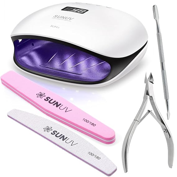 SUNUV UV LED Nail Lamp with 4PCS Cuticle Nippers, Cuticle Pusher with Nail File and Buffer Set, Professional Stainless Steel Durable Pedicure Manicure Nail Care Tools