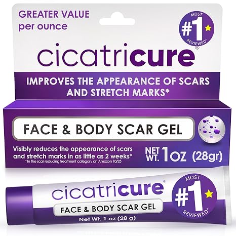 CICATRICURE Scar Gel Cream Visibly Reduces Scarring from Surgery Burns Acne Injuries 1.0 oz