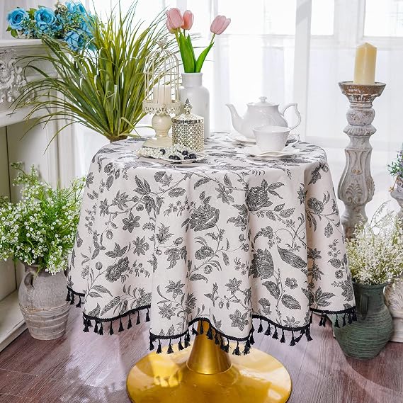 SUTAVIA Tablecloth 60" Round Cotton Linen Fabric Black Flower Tassel