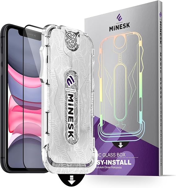 Minesk MAGIC GLASS iPhone 11 - Screen Protector with Automatic Alignment Apparatus for XR (Powered Tempered Glass) With Dust Collection Feature When Installing (11 - XR)