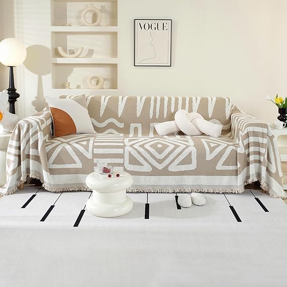 Chenille Sofa Cover 2 3 4 Seater, Chenille Couch Cover for Corner Sofa, Washable Sofa Slipcover, Couch Protector Loveseat L Shaped Covers with Tassel, Suitable for All Seasons, 180 x 300 cm, Khaki