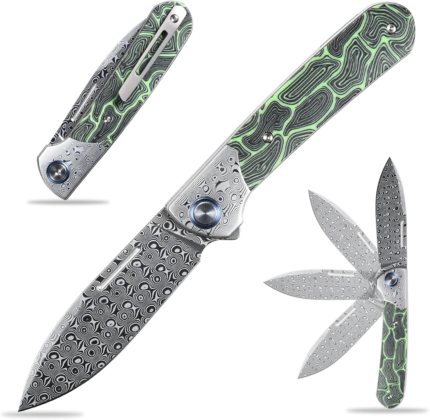 Sitivien ST256 Damascus Steel Folding Knife,Damascus Blade with Colorful G10 Handle EDC Knife for Outdoor Camping,Hiking, FishingGreen