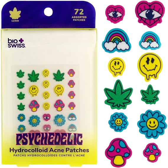 BioSwiss Psychedelic Pimple Patches, Hydrocolloid Acne Patch for Zits and Blemishes, Face and Skin Stickers, 72 Count