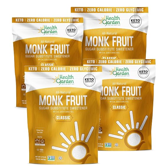 Health Garden Monk Fruit Sweetener, Classic - 156 Oz. x 4, Non-GMO, Gluten Free, Ideal Powdered 1:1 Sugar Substitute in Resealable Bag, Kosher, Keto Friendly Sugar Alternative (9.75 Lb. Pack of 4)