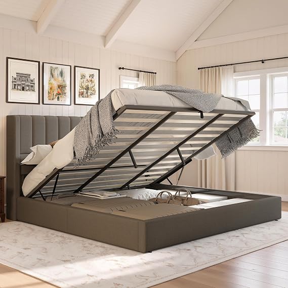 Jocisland King Lift Up Storage Bed with Linen Wingback Headboard, Gray