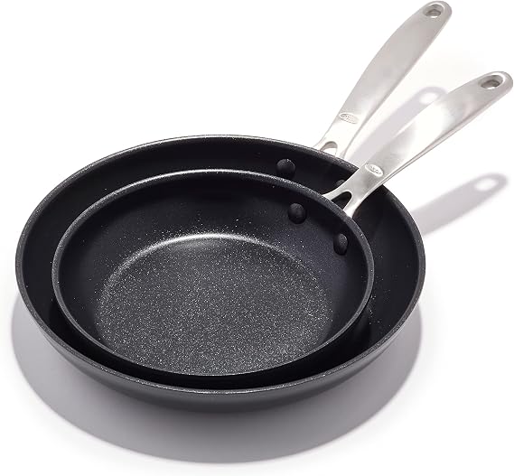 OXO Enhanced 8" and 10" Frying Pan Skillet Set, Healthy Ceramic Nonstick, PFAS-Free, Stainless Steel Handle, Dishwasher Safe, Oven Safe, Black