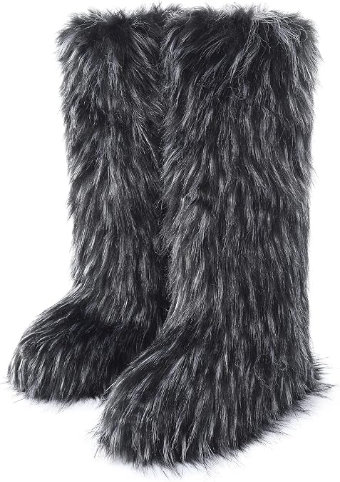 Women's Faux Fur Boots Furry Snow Long Boots Fuzzy Winter Flat Shoes Fluffy Knee-High Boot