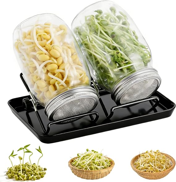Seed Sprouting Jar Kit – 2Pcs 1000ml Mason Jars with Black Stands, Tray & Sprouting Lids, complete Sprout Growing Kit for Indoor Seed Sprouter to Grow Bean Sprouts & Microgreens