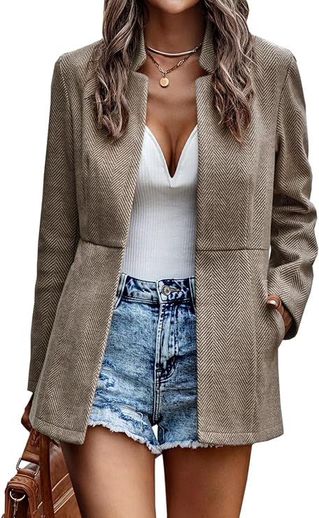 Jhsnjnr Women's Jackets Open Front Casual Business Office Cardigan Blazers Long Sleeve Stand Collar Outwear Coats