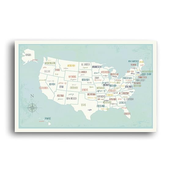 USA Wall Map Art Print, 14x11 Inches, Kid's USA Wall Map,Children's Room Decor, Gender Neutral Nursery, Travel Nursery Decor,United States of America Map