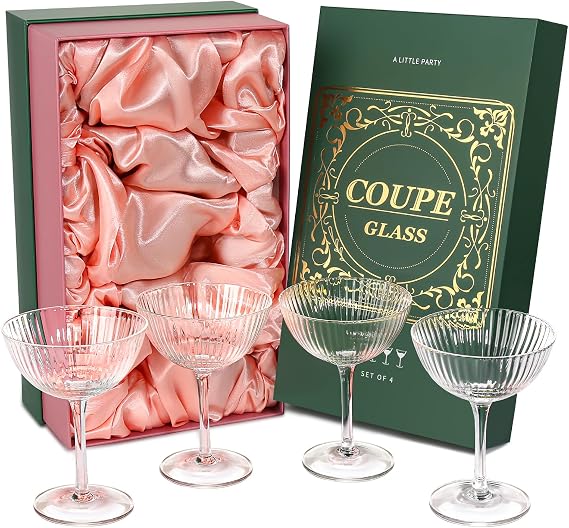 Coupe Glasses Set of 4, Ribbed Crystal Glass Cocktail Glasses with Luxury Box, 8oz Reusable Clear Hand Blown Martini Glasses for Drink, Martini, Espresso Martini, Home Bar, Christmas