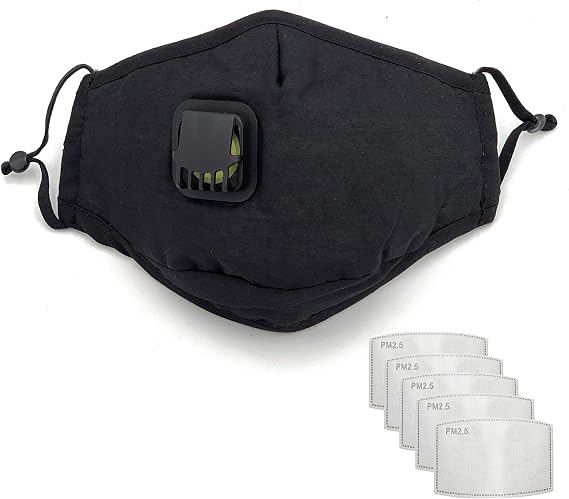 Premium Cotton Reusable Washable Face Mask with Breathing Valve & Filter Pocket (Included 5 FREE Filters) (Black, 3 Pieces)