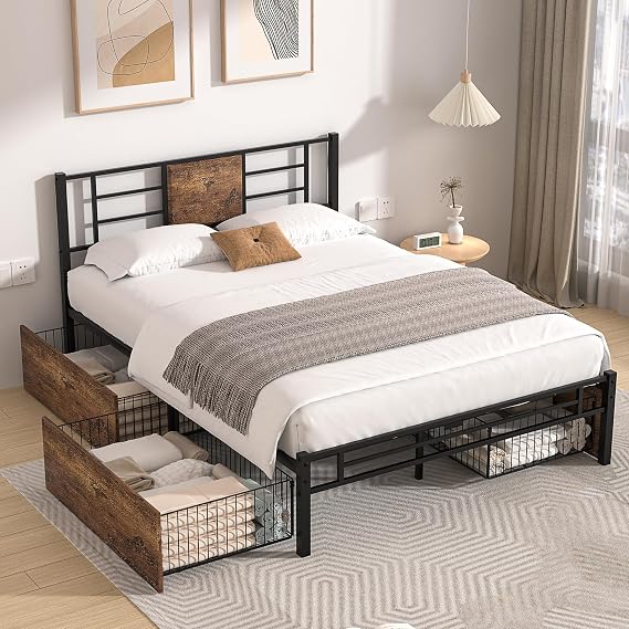 VECELO Queen Size Bed Frame with 4 Large Drawers, Heavy-Duty Platform with Wood Headboard, Strong Metal Slats Support, No Box Spring Needed/Easy Assembly, Matte Black & Brown