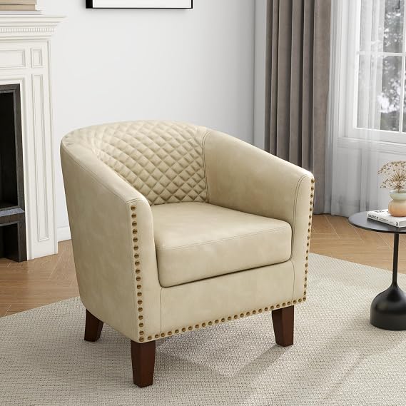 Faux Leather Accent Chair, Barrel Club Chair Modern Upholstered Armchair for Living Room, Comfy Nailed Trim Bedroom Reading Seat, Beige