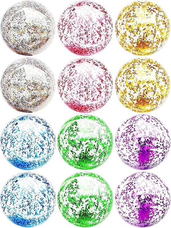 12 Pack 16" Glitter Beach Balls, Inflatable Pool Toys for Summer Party