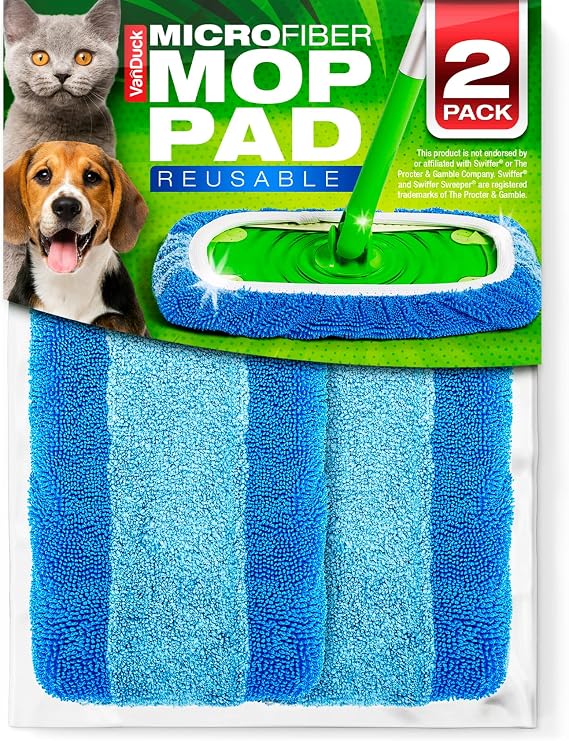 VanDuck Reusable Microfiber Mop Pads for Swiffer Sweeper (2-Pack), Blue | Handle not included, machine washable wet & dry mopping cloths, mop head replacement floor cleaning