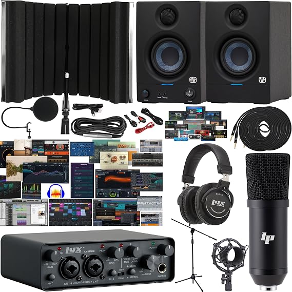 LyxJam 22 USB Audio Interface Bundle with ASIO Driver, 24-bit/96 kHz 2-in/2-out USB Interface, Condenser Mic Kit, Eris E3.5 Studio Monitors, Closed-Back Headphones & Isolation Shield Home Studio Kit