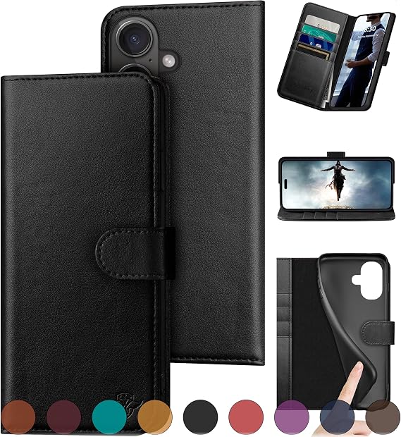 DuckSky Compatible with iPhone 16 Plus 6.7" Genuine Leather Wallet caseRFID Blocking4 Credit Card HolderReal Leather Flip Folio Book Phone case Cover Women Men for Apple 16 Plus case Black