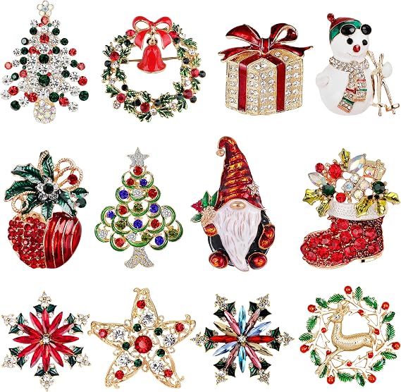 Qenk 12PCS Christmas Pins and Brooches for Women, Christmas Brooch Set