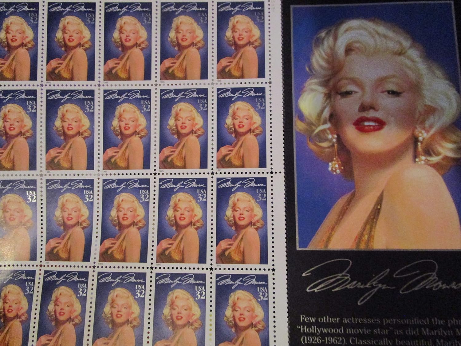 USPS Legends of Hollywood Marilyn Monroe 1926-1962 Hollywood Movie Star Sheet of 20 32 Cent Postage Stamps 1995 Scott #2967