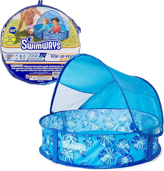 SwimWays Elite Pop-Up Above Ground Pool, Baby Pool with Canopy & Carrying Case, Foldable Pool for Kids Aged 9-24 Months, Measures 32", Blue