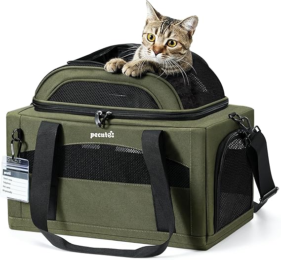 Pecute Expandable Pet Carrier Airline Approved Dog Cat Carrier, Breathable Soft-Sided with Locking Zippers, Pet Travel Bag for Small Dog Cat Anti-Scratch Mesh Leakproof Pee Pad Dark Green