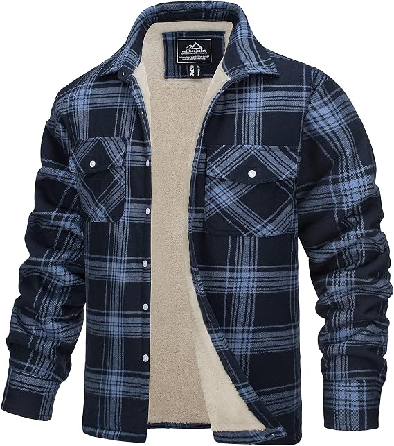 TACVASEN Men's Fleece Jackets Checked Lumberjack Shirts with 5 Pockets