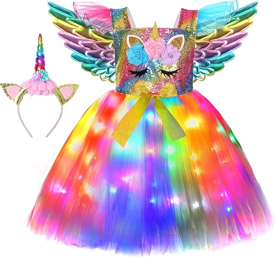 Cuteshower Unicorn Tutu Costume for Girls Halloween LED Light Unicorn Dress Birthday Party Outfit Princess Dress with Wings