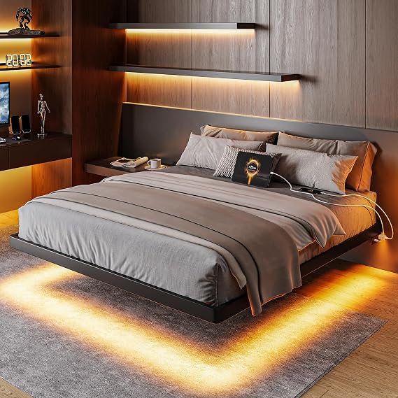 Feonase Full Floating Bed Frame with Led Light and Charging Station, Metal Platform Bed Frame with Heavy Duty Steel Slats Supports, No Box Spring Needed, Easy Assembly, Black