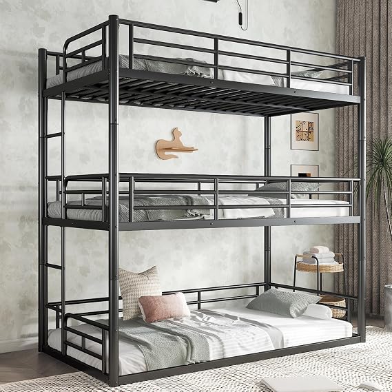 Bellemave Metal Triple Bunk Bed with Full-Length Guardrails, Twin Over Twin Over Twin Bunk Bed for 3, Noise-Reduced & Multifunctional, Metal Black