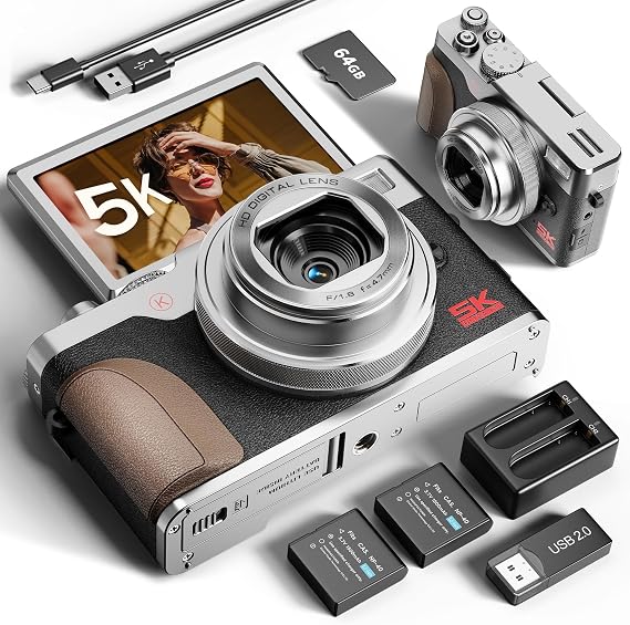 True 5K 64MP Digital Camera for Photography, Autofocus 18X Zoom, 3'' 180 Flip Screen,  with 64GB TF Card & 2 Batteries, Compact Travel Vlogging Camera for YouTube Beginners (Silve)