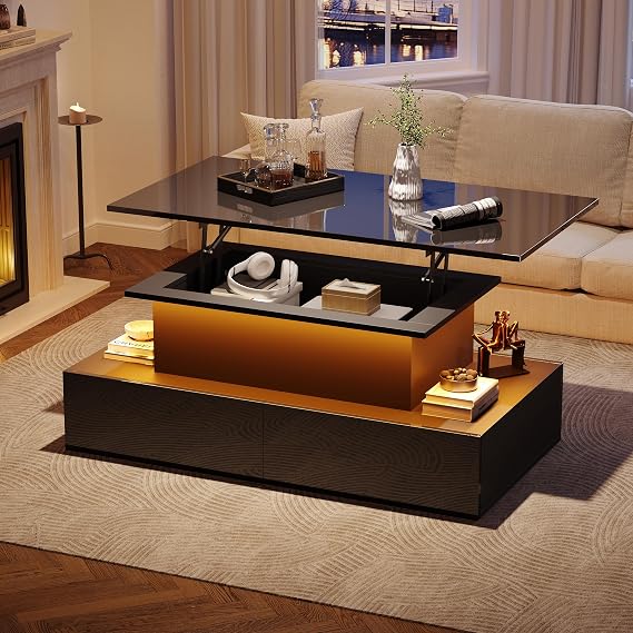 Coffee Table with Lift Top,Sofa LED Table with 4 Drawers for Living Room