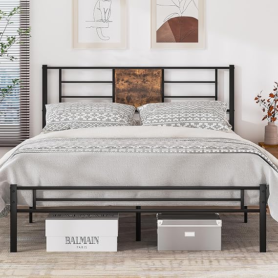 VECELO Queen Size Bed Frame with Headboard, Heavy-Duty Platform Bedframe with Metal Slats Support, No Box Spring Needed, Easy Assembly, Black & Brown