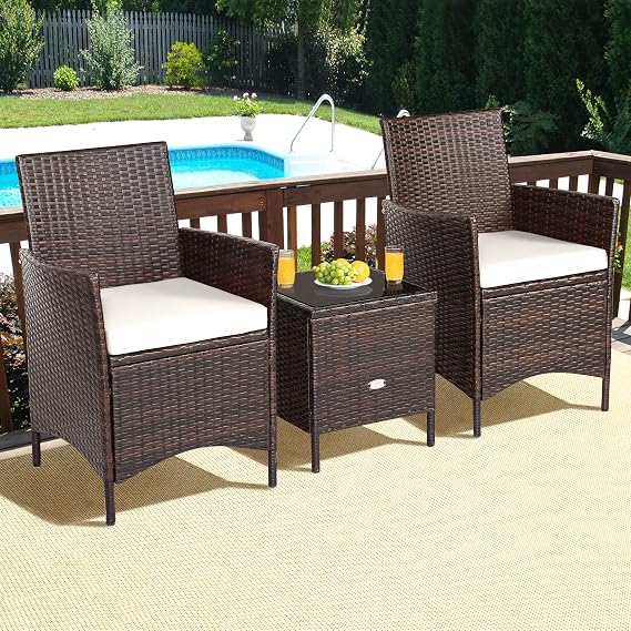 3 Pieces Patio Furniture Set, Wicker Outdoor Furniture with Water-Resistant Cushion & Tempered Glass Top Table, Conversation Set Bistro Set for Porch, Balcony, Backyard(Beige)