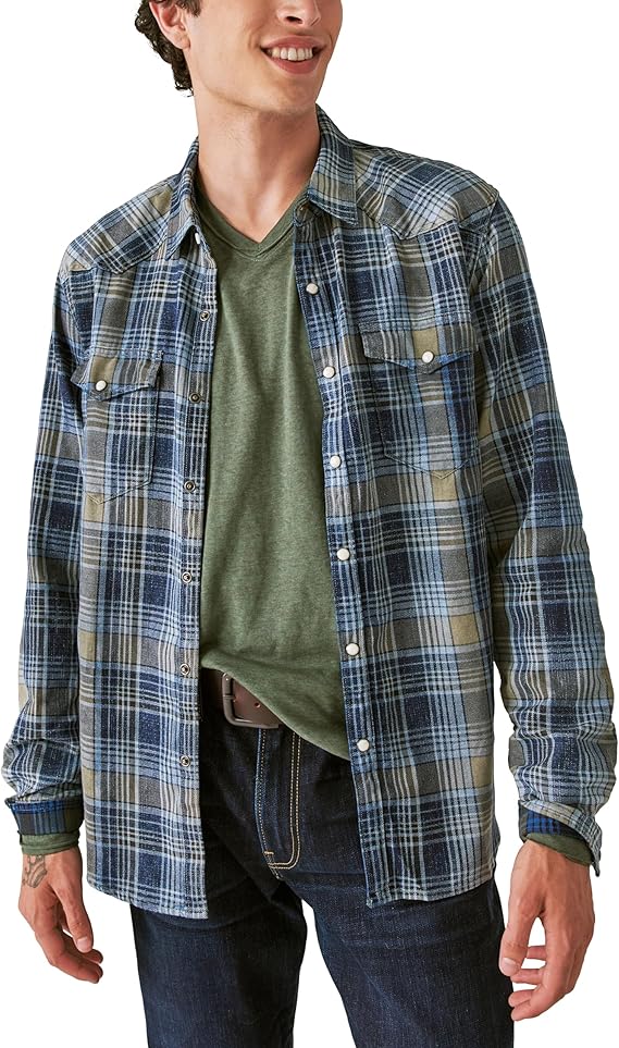 Lucky Brand Men's Lucky Brand Men's Indigo Plaid Western Long Sleeve Shirt