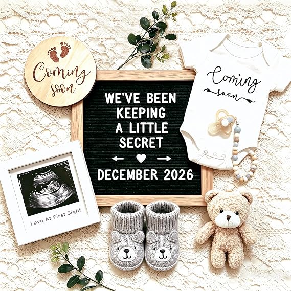 Pregnancy Announcement, Baby Announcement Ideas Set Include Felt Letter Board, Baby Onesie, Booties, Photo Frame, Wooden Sign and Bear Plush, Pregnancy Announcement Photo Props Coming Soon Baby Announcement