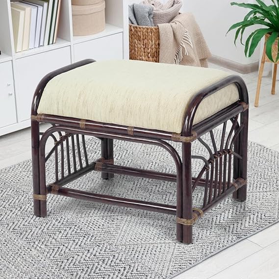 Krit Handmade Rattan Wicker Ottoman Footstool with Cushion Fully Assembled Dark Brown Color